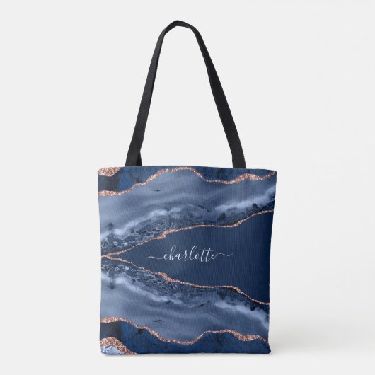 Blue agate marble roos gold name script tote bag (Achterkant)