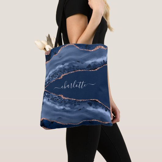 Blue agate marble roos gold name script tote bag (Dichtbij)