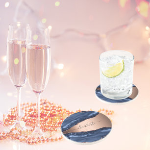 Blue agate marble roos gold name script zandsteen onderzetter