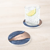 Blue agate marble roos gold name script zandsteen onderzetter (Zijkant)