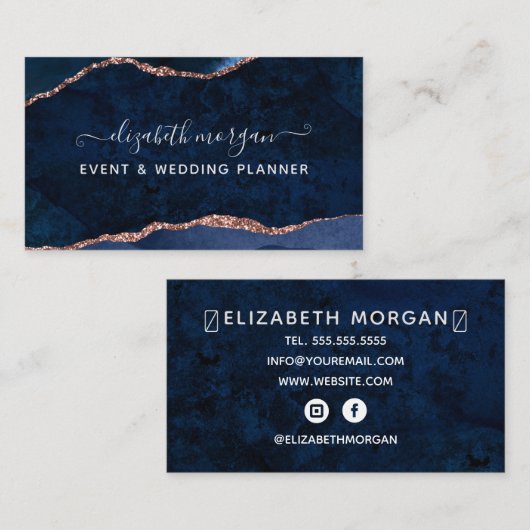 Blue Agate Marble Roos Gold Waterverf Script Visitekaartje (Voorkant / Achterkant)