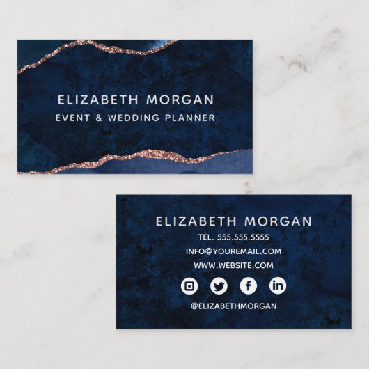 Blue Agate Marble Roos Gouden Waterverf Visitekaartje (Voorkant / Achterkant)
