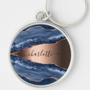 Blue agate marble rose gold name script sleutelhanger