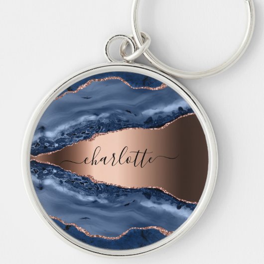 Blue agate marble rose gold name script sleutelhanger (Voorkant)