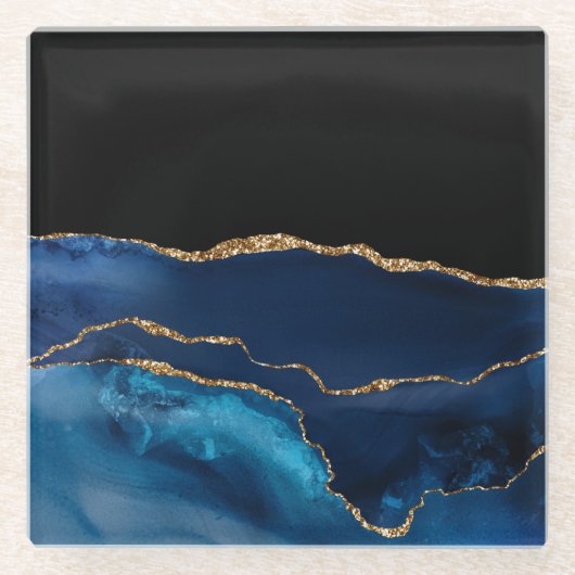 Blue Agate Marble Shiny Golden Glitter Chic Glam Glazen Onderzetter (Voorkant)
