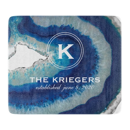 Blue Agate Monogram Wedding Snijplank (Voorkant)