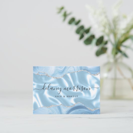 Blue Agate Silver Glitter Luxury Visitekaartje (Staand voorkant)