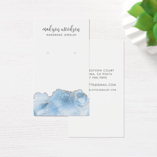 Blue Agate Silver Script Earring Display Card Visitekaartje (Bureau)