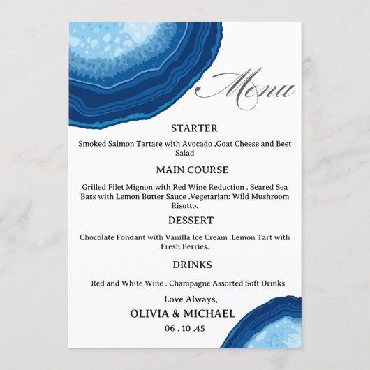 Blue Agate Sliced Wedding Menu (Voorkant)