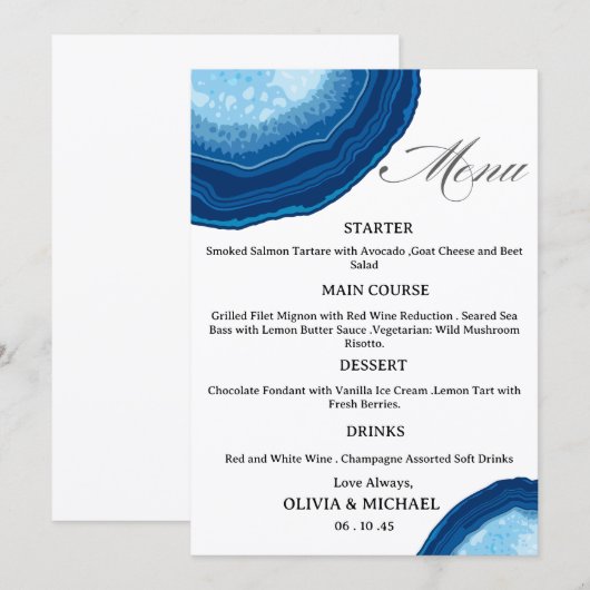 Blue Agate Sliced Wedding Menu (Voorkant / Achterkant)