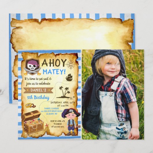 Blue Ahoy Treasure Map Boys Pirate Photo Birthday Kaart (Voorkant / Achterkant)