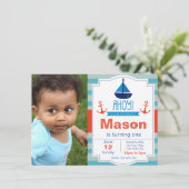 Blue Ahoy verjaardagsuitnodiging met foto Kaart (Staand voorkant)