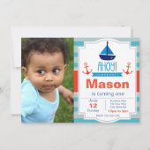 Blue Ahoy verjaardagsuitnodiging met foto Kaart (Voorkant)