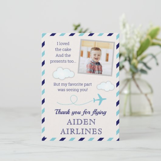 Blue Airline Baby Boy 1st Birthday Party Bedankkaart (Staand voorkant)