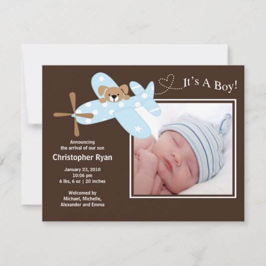 Blue Airplane Baby Boy Birth Annouting Aankondiging (Voorkant)