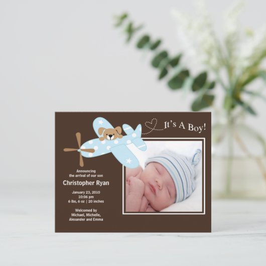 Blue Airplane Baby Boy Birth Annouting Aankondiging (Staand voorkant)
