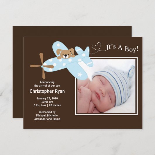 Blue Airplane Baby Boy Birth Annouting Aankondiging (Voorkant / Achterkant)