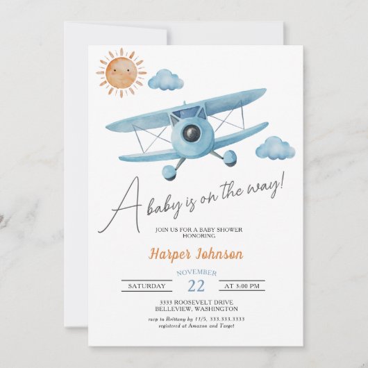 Blue Airplane Baby shower Invitation Kaart (Voorkant)