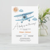 Blue Airplane Baby shower Invitation Kaart (Staand voorkant)