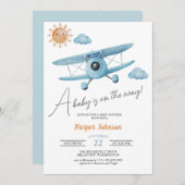 Blue Airplane Baby shower Invitation Kaart (Voorkant / Achterkant)