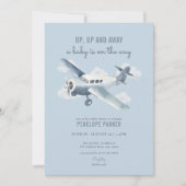  Blue Airplane Baby shower Invitation Kaart (Voorkant)