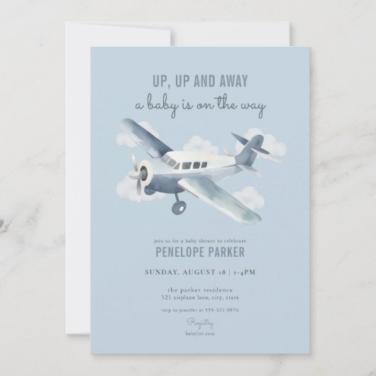  Blue Airplane Baby shower Invitation Kaart (Voorkant)