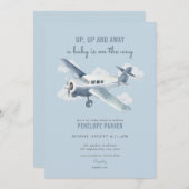  Blue Airplane Baby shower Invitation Kaart (Voorkant / Achterkant)