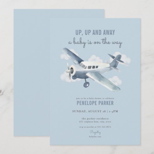  Blue Airplane Baby shower Invitation Kaart (Voorkant / Achterkant)