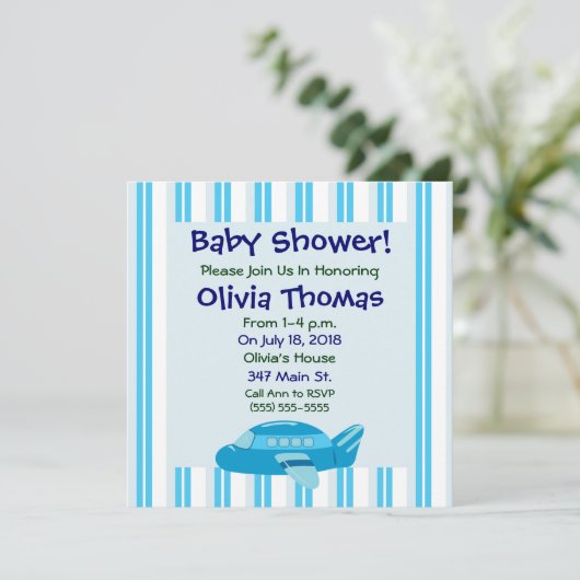 Blue Airplane Baby Shower-uitnodigingen Kaart (Staand voorkant)