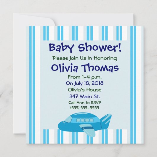 Blue Airplane Baby Shower-uitnodigingen Kaart (Voorkant)