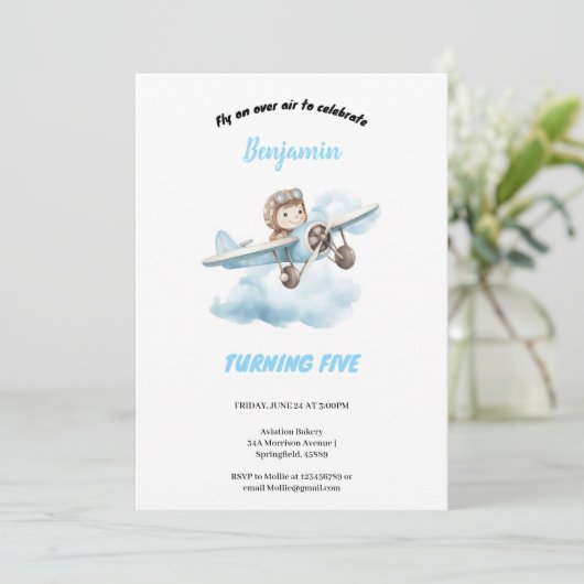 blue airplane birthday  invitation kaart (Staand voorkant)