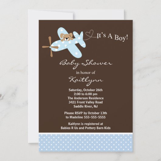 Blue Airplane Boy Baby shower Invitation Kaart (Voorkant)