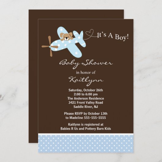 Blue Airplane Boy Baby shower Invitation Kaart (Voorkant / Achterkant)