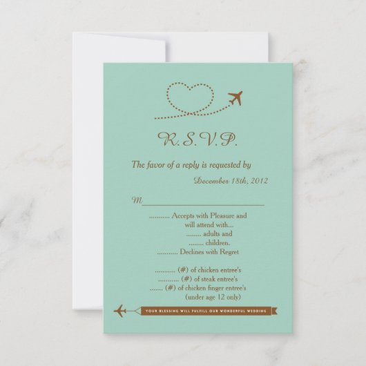 Blue Airplane Heart Wedding 3.5x5 R.S.V.P. Reply Kaart (Voorkant)
