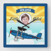 Blue Airplane Little Pilot Name Photo Kinder Room Vierkante Klok (Voorkant)
