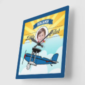 Blue Airplane Little Pilot Name Photo Kinder Room Vierkante Klok (Hoek)