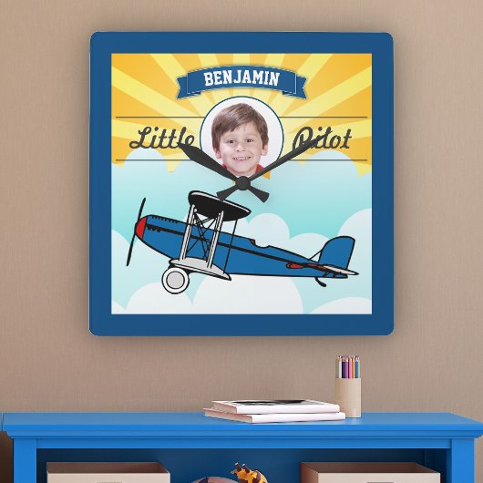 Blue Airplane Little Pilot Name Photo Kinder Room Vierkante Klok
