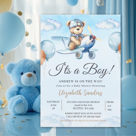 Blue Airplane Teddy Bear Baby Shower Invitation Kaart