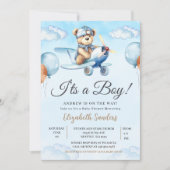 Blue Airplane Teddy Bear Baby Shower Invitation Kaart (Voorkant)