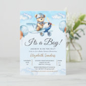 Blue Airplane Teddy Bear Baby Shower Invitation Kaart (Staand voorkant)