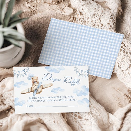 Blue Airplane Teddy Bear Baby shower Luier Raffle Informatiekaartje