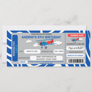 Blue Airplane Ticket Uitnodiging voor verjaardagsf