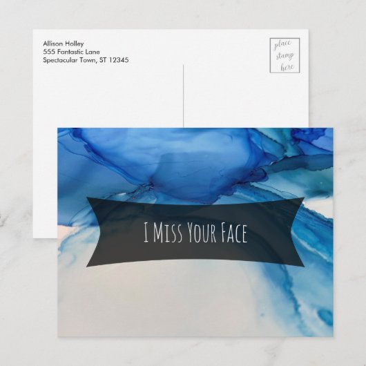 Blue Alcohol Ink Abstract Art "I Miss Your Face" Briefkaart (Voorkant / Achterkant)