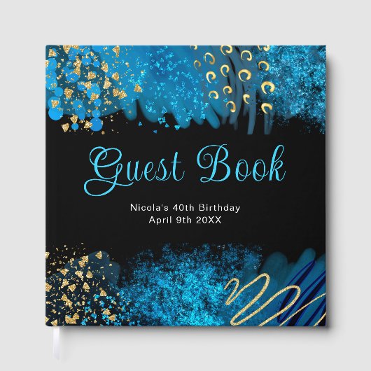 Blue Alcohol Ink Birthday Party Guest Book Gastenboek (Voorkant)