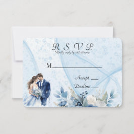 Blue Alcohol Ink Bride & Groom Wedding RSVP Kaarte Save The Date