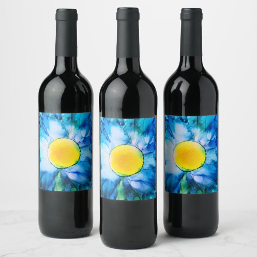 Blue Alcohol Ink Flower Wijn Etiket (Flessen)