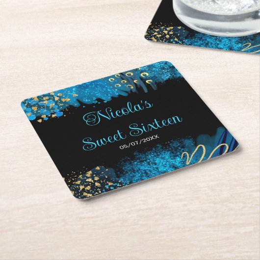 Blue Alcohol Ink Sweet 16 Birthday Party Kartonnen Onderzetters (Schuin)