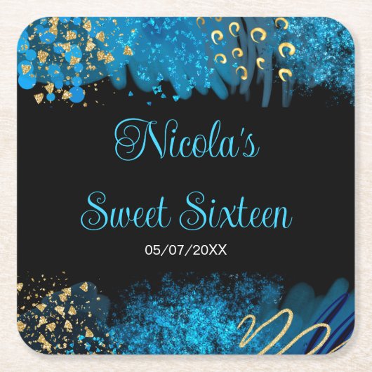 Blue Alcohol Ink Sweet 16 Birthday Party Kartonnen Onderzetters (Voorkant)