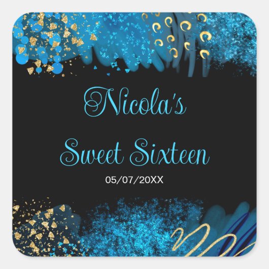 Blue Alcohol Ink Sweet 16 Birthday Party Vierkante Sticker (Voorkant)