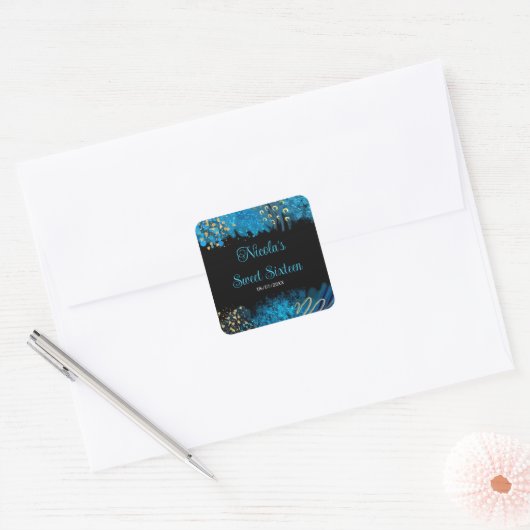 Blue Alcohol Ink Sweet 16 Birthday Party Vierkante Sticker (Envelop)